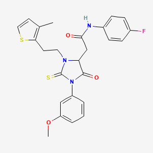 molecular formula C25H24FN3O3S2 B11451289 N-(4-fluorophenyl)-2-[1-(3-methoxyphenyl)-3-[2-(3-methylthiophen-2-yl)ethyl]-5-oxo-2-sulfanylideneimidazolidin-4-yl]acetamide 