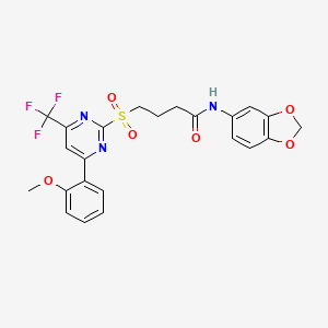 molecular formula C23H20F3N3O6S B11451742 N-(1,3-benzodioxol-5-yl)-4-{[4-(2-methoxyphenyl)-6-(trifluoromethyl)pyrimidin-2-yl]sulfonyl}butanamide 
