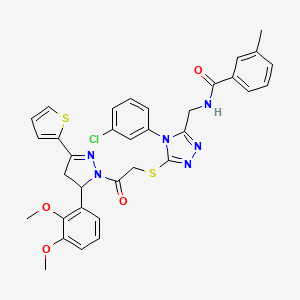 molecular formula C34H31ClN6O4S2 B11451781 N-{[4-(3-Chlorophenyl)-5-({2-[5-(2,3-dimethoxyphenyl)-3-(thiophen-2-YL)-4,5-dihydro-1H-pyrazol-1-YL]-2-oxoethyl}sulfanyl)-4H-1,2,4-triazol-3-YL]methyl}-3-methylbenzamide 