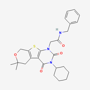 molecular formula C26H31N3O4S B11452380 N-benzyl-2-(4-cyclohexyl-12,12-dimethyl-3,5-dioxo-11-oxa-8-thia-4,6-diazatricyclo[7.4.0.02,7]trideca-1(9),2(7)-dien-6-yl)acetamide 