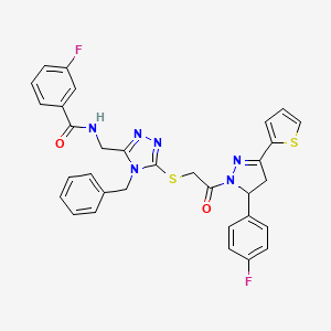 molecular formula C32H26F2N6O2S2 B11452454 N-{[4-Benzyl-5-({2-[5-(4-fluorophenyl)-3-(thiophen-2-YL)-4,5-dihydro-1H-pyrazol-1-YL]-2-oxoethyl}sulfanyl)-4H-1,2,4-triazol-3-YL]methyl}-3-fluorobenzamide 