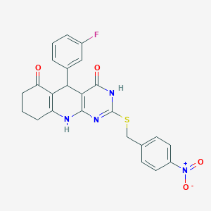 molecular formula C24H19FN4O4S B11452559 5-(3-fluorophenyl)-2-((4-nitrobenzyl)thio)-7,8,9,10-tetrahydropyrimido[4,5-b]quinoline-4,6(3H,5H)-dione 