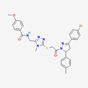 molecular formula C30H29BrN6O3S B11454896 N-{[5-({2-[3-(4-Bromophenyl)-5-(4-methylphenyl)-4,5-dihydro-1H-pyrazol-1-YL]-2-oxoethyl}sulfanyl)-4-methyl-4H-1,2,4-triazol-3-YL]methyl}-4-methoxybenzamide 
