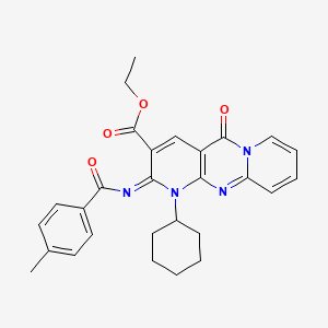 molecular formula C28H28N4O4 B11457258 ethyl 7-cyclohexyl-6-(4-methylbenzoyl)imino-2-oxo-1,7,9-triazatricyclo[8.4.0.03,8]tetradeca-3(8),4,9,11,13-pentaene-5-carboxylate 