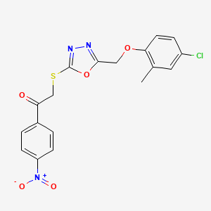 molecular formula C18H14ClN3O5S B11457585 2-({5-[(4-Chloro-2-methylphenoxy)methyl]-1,3,4-oxadiazol-2-yl}sulfanyl)-1-(4-nitrophenyl)ethanone 