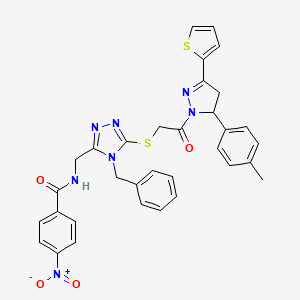 molecular formula C33H29N7O4S2 B11457723 N-{[4-Benzyl-5-({2-[5-(4-methylphenyl)-3-(thiophen-2-YL)-4,5-dihydro-1H-pyrazol-1-YL]-2-oxoethyl}sulfanyl)-4H-1,2,4-triazol-3-YL]methyl}-4-nitrobenzamide 