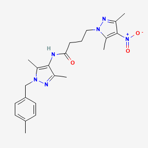 molecular formula C22H28N6O3 B11458032 N-[3,5-dimethyl-1-(4-methylbenzyl)-1H-pyrazol-4-yl]-4-(3,5-dimethyl-4-nitro-1H-pyrazol-1-yl)butanamide 