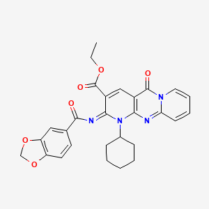 molecular formula C28H26N4O6 B11458080 ethyl 6-(1,3-benzodioxole-5-carbonylimino)-7-cyclohexyl-2-oxo-1,7,9-triazatricyclo[8.4.0.03,8]tetradeca-3(8),4,9,11,13-pentaene-5-carboxylate 