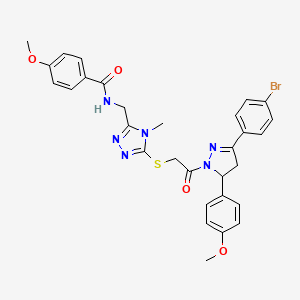 molecular formula C30H29BrN6O4S B11458336 N-((5-((2-(3-(4-Bromophenyl)-5-(4-methoxyphenyl)-4,5-dihydro-1H-pyrazol-1-yl)-2-oxoethyl)thio)-4-methyl-4H-1,2,4-triazol-3-yl)methyl)-4-methoxybenzamide 