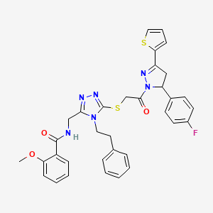 molecular formula C34H31FN6O3S2 B11459068 N-((5-((2-(5-(4-fluorophenyl)-3-(thiophen-2-yl)-4,5-dihydro-1H-pyrazol-1-yl)-2-oxoethyl)thio)-4-phenethyl-4H-1,2,4-triazol-3-yl)methyl)-2-methoxybenzamide 