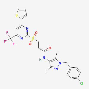 molecular formula C24H21ClF3N5O3S2 B11459369 N-[1-(4-chlorobenzyl)-3,5-dimethyl-1H-pyrazol-4-yl]-3-{[4-(thiophen-2-yl)-6-(trifluoromethyl)pyrimidin-2-yl]sulfonyl}propanamide 