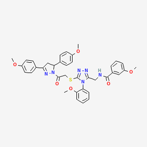 molecular formula C37H36N6O6S B11459573 N-{[5-({2-[3,5-Bis(4-methoxyphenyl)-4,5-dihydro-1H-pyrazol-1-YL]-2-oxoethyl}sulfanyl)-4-(2-methoxyphenyl)-4H-1,2,4-triazol-3-YL]methyl}-3-methoxybenzamide 