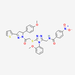 molecular formula C33H29N7O6S2 B11459592 N-((4-(2-methoxyphenyl)-5-((2-(5-(4-methoxyphenyl)-3-(thiophen-2-yl)-4,5-dihydro-1H-pyrazol-1-yl)-2-oxoethyl)thio)-4H-1,2,4-triazol-3-yl)methyl)-4-nitrobenzamide 