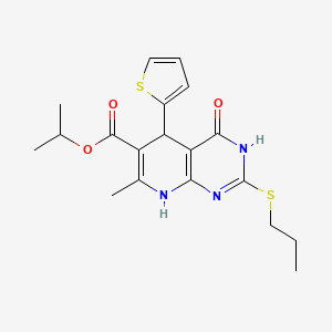 molecular formula C19H23N3O3S2 B11459617 Isopropyl 7-methyl-4-oxo-2-(propylthio)-5-(thiophen-2-yl)-3,4,5,8-tetrahydropyrido[2,3-d]pyrimidine-6-carboxylate 