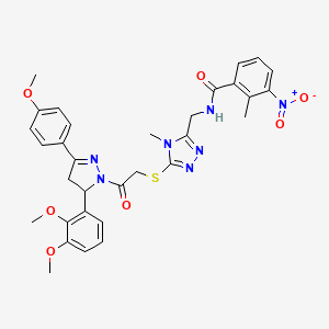 molecular formula C32H33N7O7S B11459742 N-((5-((2-(5-(2,3-dimethoxyphenyl)-3-(4-methoxyphenyl)-4,5-dihydro-1H-pyrazol-1-yl)-2-oxoethyl)thio)-4-methyl-4H-1,2,4-triazol-3-yl)methyl)-2-methyl-3-nitrobenzamide 