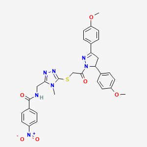 molecular formula C30H29N7O6S B11460192 N-{[5-({2-[3,5-Bis(4-methoxyphenyl)-4,5-dihydro-1H-pyrazol-1-YL]-2-oxoethyl}sulfanyl)-4-methyl-4H-1,2,4-triazol-3-YL]methyl}-4-nitrobenzamide 