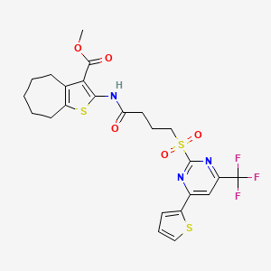 molecular formula C24H24F3N3O5S3 B11460306 methyl 2-[(4-{[4-(thiophen-2-yl)-6-(trifluoromethyl)pyrimidin-2-yl]sulfonyl}butanoyl)amino]-5,6,7,8-tetrahydro-4H-cyclohepta[b]thiophene-3-carboxylate 