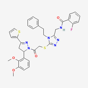 molecular formula C35H33FN6O4S2 B11460512 N-((5-((2-(5-(2,3-dimethoxyphenyl)-3-(thiophen-2-yl)-4,5-dihydro-1H-pyrazol-1-yl)-2-oxoethyl)thio)-4-phenethyl-4H-1,2,4-triazol-3-yl)methyl)-2-fluorobenzamide 