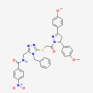 molecular formula C36H33N7O6S B11460570 N-{[4-Benzyl-5-({2-[3,5-bis(4-methoxyphenyl)-4,5-dihydro-1H-pyrazol-1-YL]-2-oxoethyl}sulfanyl)-4H-1,2,4-triazol-3-YL]methyl}-4-nitrobenzamide 