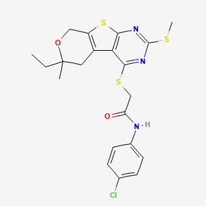 molecular formula C21H22ClN3O2S3 B11460574 N-(4-chlorophenyl)-2-[(12-ethyl-12-methyl-5-methylsulfanyl-11-oxa-8-thia-4,6-diazatricyclo[7.4.0.02,7]trideca-1(9),2(7),3,5-tetraen-3-yl)sulfanyl]acetamide 