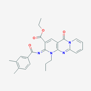 molecular formula C26H26N4O4 B11460923 ethyl 6-(3,4-dimethylbenzoyl)imino-2-oxo-7-propyl-1,7,9-triazatricyclo[8.4.0.03,8]tetradeca-3(8),4,9,11,13-pentaene-5-carboxylate 