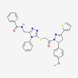 molecular formula C32H28N6O3S2 B11461143 N-{[5-({2-[5-(4-Methoxyphenyl)-3-(thiophen-2-YL)-4,5-dihydro-1H-pyrazol-1-YL]-2-oxoethyl}sulfanyl)-4-phenyl-4H-1,2,4-triazol-3-YL]methyl}benzamide 