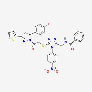 molecular formula C31H24FN7O4S2 B11461300 N-{[5-({2-[5-(4-Fluorophenyl)-3-(thiophen-2-YL)-4,5-dihydro-1H-pyrazol-1-YL]-2-oxoethyl}sulfanyl)-4-(4-nitrophenyl)-4H-1,2,4-triazol-3-YL]methyl}benzamide 