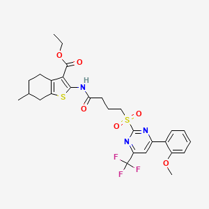 molecular formula C28H30F3N3O6S2 B11461313 Ethyl 2-[(4-{[4-(2-methoxyphenyl)-6-(trifluoromethyl)pyrimidin-2-yl]sulfonyl}butanoyl)amino]-6-methyl-4,5,6,7-tetrahydro-1-benzothiophene-3-carboxylate 