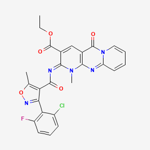 molecular formula C26H19ClFN5O5 B11461382 ethyl 6-[3-(2-chloro-6-fluorophenyl)-5-methyl-1,2-oxazole-4-carbonyl]imino-7-methyl-2-oxo-1,7,9-triazatricyclo[8.4.0.03,8]tetradeca-3(8),4,9,11,13-pentaene-5-carboxylate 