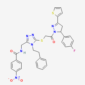 molecular formula C33H28FN7O4S2 B11462331 N-((5-((2-(5-(4-fluorophenyl)-3-(thiophen-2-yl)-4,5-dihydro-1H-pyrazol-1-yl)-2-oxoethyl)thio)-4-phenethyl-4H-1,2,4-triazol-3-yl)methyl)-4-nitrobenzamide 