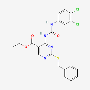 molecular formula C21H18Cl2N4O3S B11462613 Ethyl 2-(benzylsulfanyl)-4-{[(3,4-dichlorophenyl)carbamoyl]amino}pyrimidine-5-carboxylate 