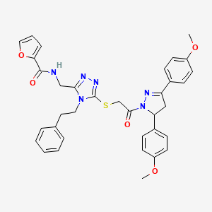 molecular formula C35H34N6O5S B11462684 N-((5-((2-(3,5-bis(4-methoxyphenyl)-4,5-dihydro-1H-pyrazol-1-yl)-2-oxoethyl)thio)-4-phenethyl-4H-1,2,4-triazol-3-yl)methyl)furan-2-carboxamide 