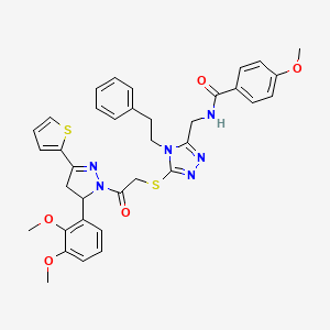 molecular formula C36H36N6O5S2 B11462752 N-((5-((2-(5-(2,3-dimethoxyphenyl)-3-(thiophen-2-yl)-4,5-dihydro-1H-pyrazol-1-yl)-2-oxoethyl)thio)-4-phenethyl-4H-1,2,4-triazol-3-yl)methyl)-4-methoxybenzamide 
