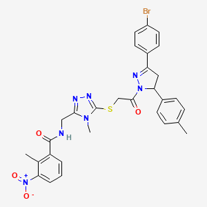 molecular formula C30H28BrN7O4S B11462770 N-((5-((2-(3-(4-bromophenyl)-5-(p-tolyl)-4,5-dihydro-1H-pyrazol-1-yl)-2-oxoethyl)thio)-4-methyl-4H-1,2,4-triazol-3-yl)methyl)-2-methyl-3-nitrobenzamide 