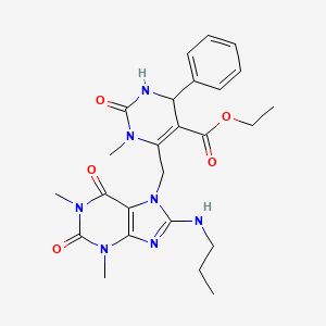 molecular formula C25H31N7O5 B11463888 ethyl 6-{[1,3-dimethyl-2,6-dioxo-8-(propylamino)-1,2,3,6-tetrahydro-7H-purin-7-yl]methyl}-1-methyl-2-oxo-4-phenyl-1,2,3,4-tetrahydropyrimidine-5-carboxylate 