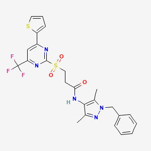 molecular formula C24H22F3N5O3S2 B11463889 N-(1-benzyl-3,5-dimethyl-1H-pyrazol-4-yl)-3-{[4-(thiophen-2-yl)-6-(trifluoromethyl)pyrimidin-2-yl]sulfonyl}propanamide 
