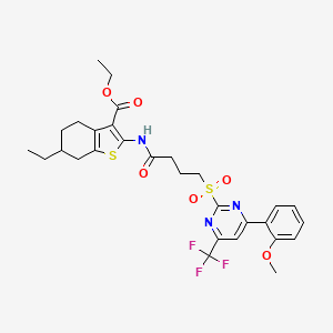 molecular formula C29H32F3N3O6S2 B11464484 Ethyl 6-ethyl-2-[(4-{[4-(2-methoxyphenyl)-6-(trifluoromethyl)pyrimidin-2-yl]sulfonyl}butanoyl)amino]-4,5,6,7-tetrahydro-1-benzothiophene-3-carboxylate 