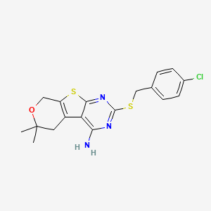 molecular formula C18H18ClN3OS2 B11465093 5-[(4-chlorophenyl)methylsulfanyl]-12,12-dimethyl-11-oxa-8-thia-4,6-diazatricyclo[7.4.0.02,7]trideca-1(9),2,4,6-tetraen-3-amine 