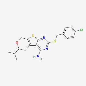 molecular formula C19H20ClN3OS2 B11467020 5-[(4-chlorophenyl)methylsulfanyl]-12-propan-2-yl-11-oxa-8-thia-4,6-diazatricyclo[7.4.0.02,7]trideca-1(9),2,4,6-tetraen-3-amine 