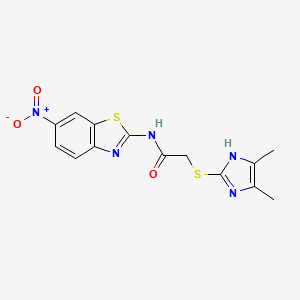 molecular formula C14H13N5O3S2 B11469643 2-[(4,5-dimethyl-1H-imidazol-2-yl)sulfanyl]-N-(6-nitro-1,3-benzothiazol-2-yl)acetamide 