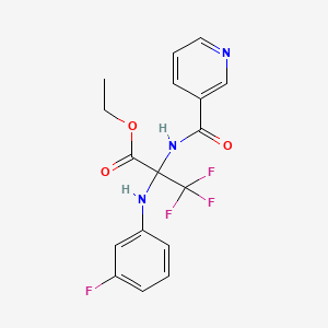 molecular formula C17H15F4N3O3 B11470284 Propanoic acid, 3,3,3-trifluoro-2-[(3-fluorophenyl)amino]-2-[(3-pyridinylcarbonyl)amino]-, ethyl ester 