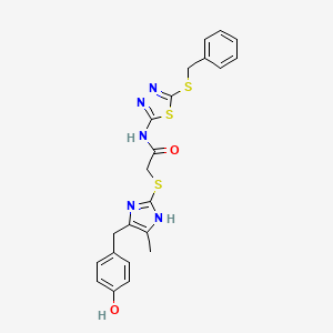 molecular formula C22H21N5O2S3 B11470631 N-[5-(benzylsulfanyl)-1,3,4-thiadiazol-2-yl]-2-{[5-(4-hydroxybenzyl)-4-methyl-1H-imidazol-2-yl]sulfanyl}acetamide 