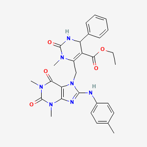 molecular formula C29H31N7O5 B11476872 ethyl 6-({1,3-dimethyl-8-[(4-methylphenyl)amino]-2,6-dioxo-1,2,3,6-tetrahydro-7H-purin-7-yl}methyl)-1-methyl-2-oxo-4-phenyl-1,2,3,4-tetrahydropyrimidine-5-carboxylate 