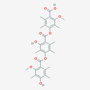 molecular formula C32H36O10 B114773 Benzoic acid, 2-hydroxy-4-((4-hydroxy-2-methoxy-3,5,6-trimethylbenzoyl)oxy)-3,5,6-trimethyl-, 4-carboxy-3-methoxy-2,5,6-trimethylphenyl ester CAS No. 158792-23-5