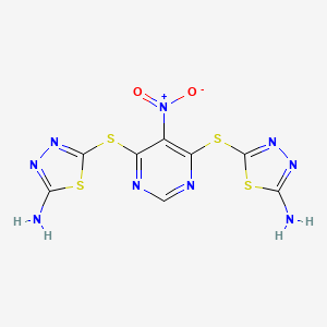 molecular formula C8H5N9O2S4 B11481629 5,5'-[(5-Nitropyrimidine-4,6-diyl)disulfanediyl]bis(1,3,4-thiadiazol-2-amine) 