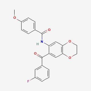 molecular formula C23H18FNO5 B11481878 N-{7-[(3-fluorophenyl)carbonyl]-2,3-dihydro-1,4-benzodioxin-6-yl}-4-methoxybenzamide 