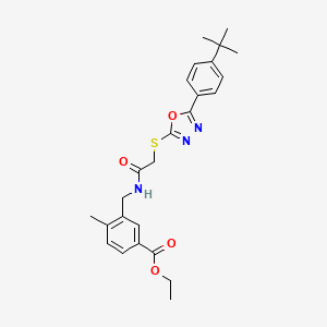 molecular formula C25H29N3O4S B11484304 Ethyl 3-{[({[5-(4-tert-butylphenyl)-1,3,4-oxadiazol-2-yl]sulfanyl}acetyl)amino]methyl}-4-methylbenzoate 