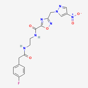 molecular formula C17H16FN7O5 B11484394 N-(2-{[(4-fluorophenyl)acetyl]amino}ethyl)-3-[(4-nitro-1H-pyrazol-1-yl)methyl]-1,2,4-oxadiazole-5-carboxamide 