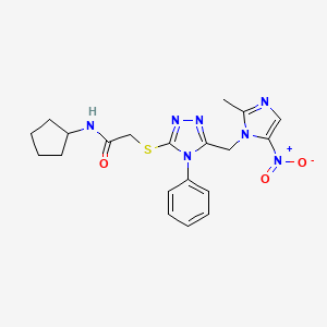 molecular formula C20H23N7O3S B11487691 N-cyclopentyl-2-({5-[(2-methyl-5-nitro-1H-imidazol-1-yl)methyl]-4-phenyl-4H-1,2,4-triazol-3-yl}sulfanyl)acetamide 