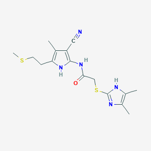 molecular formula C16H21N5OS2 B11488452 N-{3-cyano-4-methyl-5-[2-(methylsulfanyl)ethyl]-1H-pyrrol-2-yl}-2-[(4,5-dimethyl-1H-imidazol-2-yl)sulfanyl]acetamide 